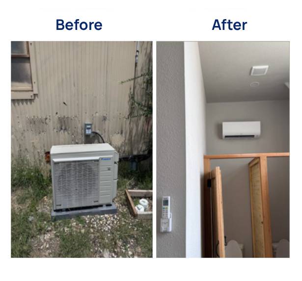 Mini split installation in a warehouse bathroom.